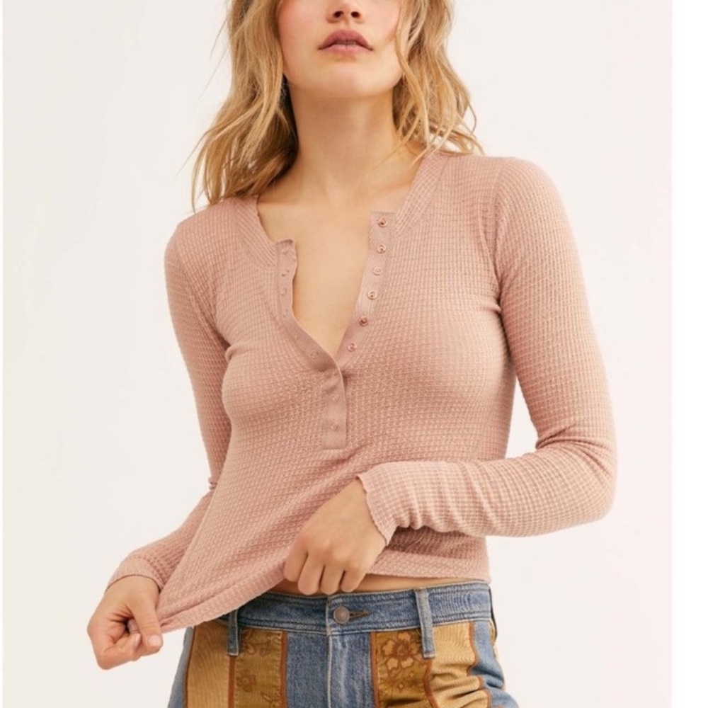Free People Mauve Waffle Knit Long Sleeve Henley